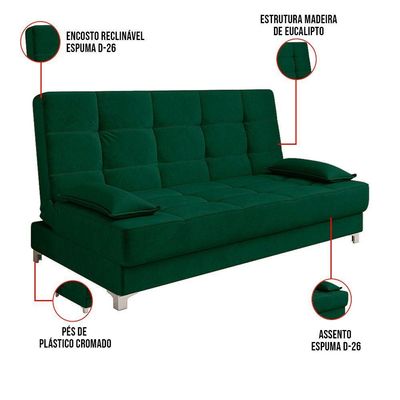 Sofá Cama 193 Cm Veludo Pés Plástico Cromado Verde Militar