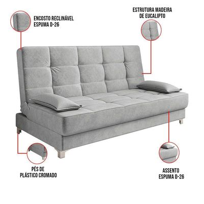 Sofá Cama Equador 193 Cm Veludo Cinza Pés Plástico Cromado