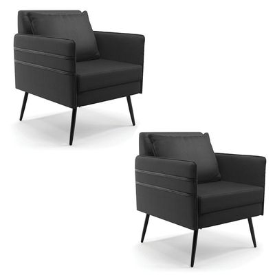 Kit 02 Poltronas Corino Preto Pés Palito De Ferro Preto