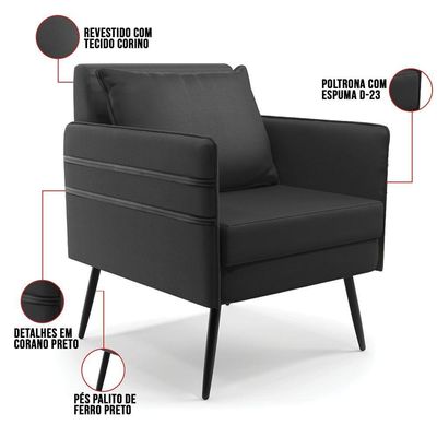 Kit 02 Poltronas Corino Preto Pés Palito De Ferro Preto