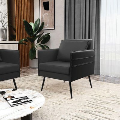 Kit 02 Poltronas Corino Preto Pés Palito De Ferro Preto