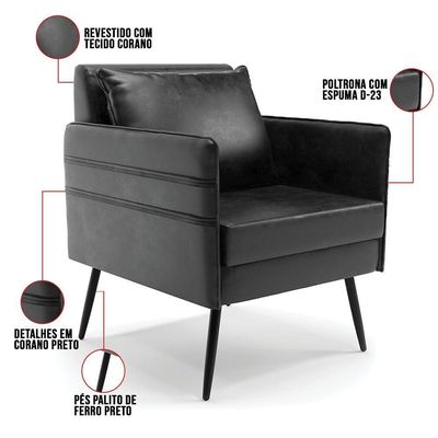 Kit 02 Poltronas Corano Pés Palito De Ferro Preto Preto