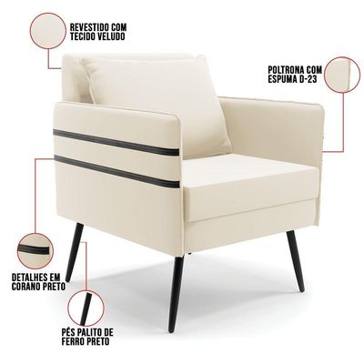 Kit 02 Poltronas Mari Veludo Pés Palito De Ferro Preto Bege
