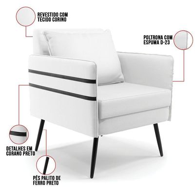 Kit 02 Poltronas Corino Branco Pés Palito De Ferro Preto