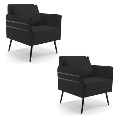 Kit 02 Poltronas Veludo Preto Pés Palito De Ferro Preto