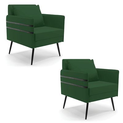 Kit 02 Poltronas Veludo Pés Palito De Ferro Preto Verde