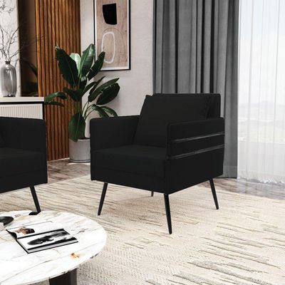 Kit 02 Poltronas Linho Preto A79 Pés Palito De Ferro Preto