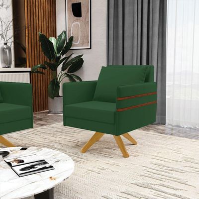 Poltrona Giratória Mari Veludo Base De Madeira Ma30 Verde
