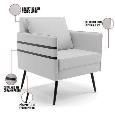 Kit 02 Poltronas Linho Cinza A05 Pés Palito De Ferro Preto