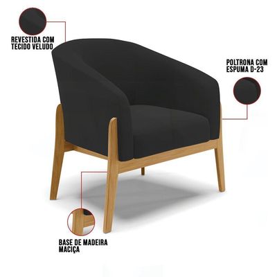 Kit 01 Poltrona E 01 Puff Base Madeira Castanho Cor Preto
