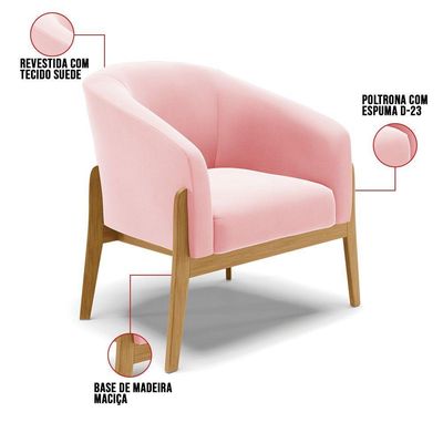 Kit Poltrona E Puff Base Madeira Castanho Cor Rosa Bebê