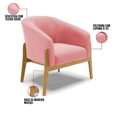 Kit 01 Poltrona E 01 Puff Base Madeira Castanho Cor Rose