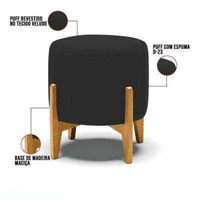 Kit 01 Poltrona E 01 Puff Preto Base Madeira Castanho