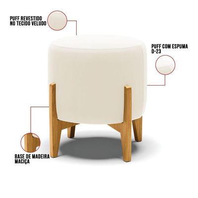 Kit 01 Poltrona E 01 Puff Base Madeira Castanho Cor Bege