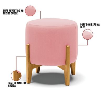 Kit 01 Poltrona E 01 Puff Rosê Base Madeira Castanho