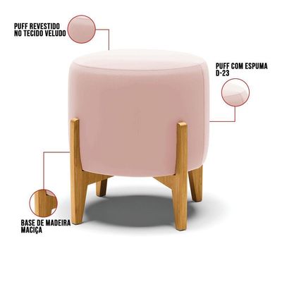 Kit 01 Poltrona E 01 Puff Rosê Base Madeira Castanho
