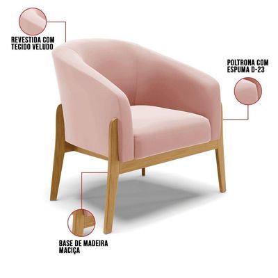 Kit 01 Poltrona E 01 Puff Base Madeira Castanho Cor Rose