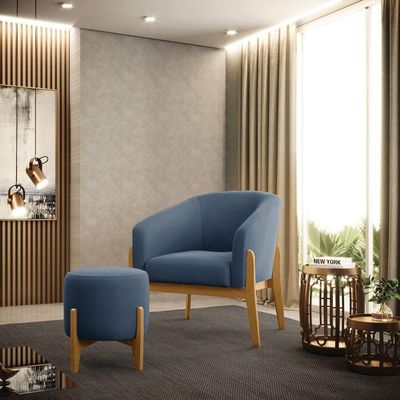 Kit Poltrona E Puff Azul Marinho Base Madeira Castanho