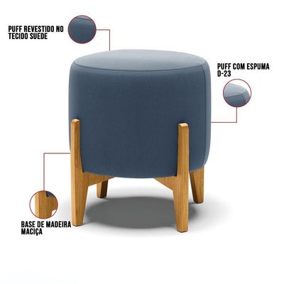 Kit Poltrona E Puff Azul Marinho Base Madeira Castanho