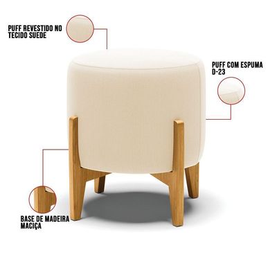 Kit 01 Poltrona E 01 Puff Bege Base Madeira Castanho