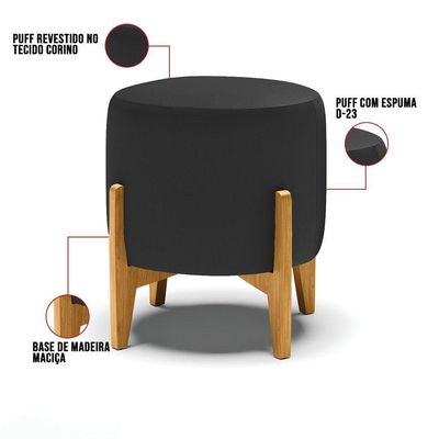 Kit 01 Poltrona E 01 Puff Base Madeira Castanho Preto