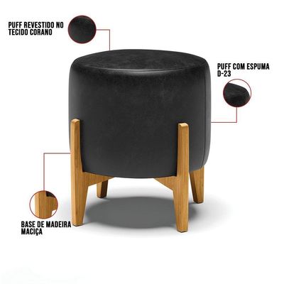 Kit 01 Poltrona E 01 Puff Base Madeira Castanho Preto