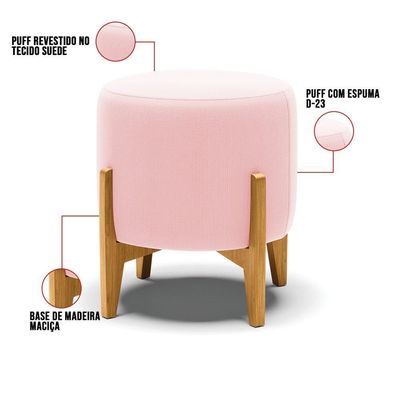 Puff Base Madeira Castanho Cor Rosa Bebê