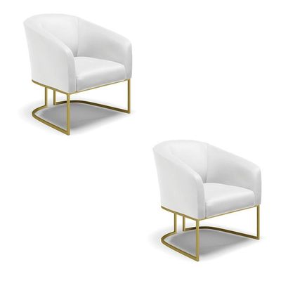 Kit 02 Poltronas Corino Base Industrial Dourada Cor Branco