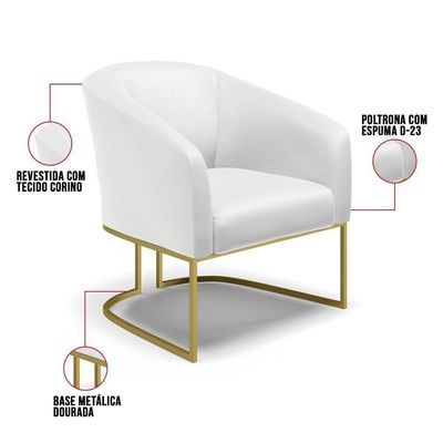 Kit 02 Poltronas Corino Base Industrial Dourada Cor Branco