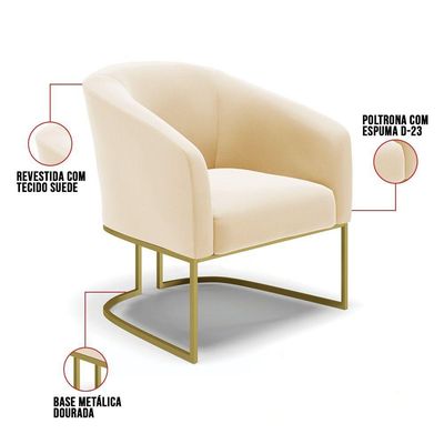 Kit 02 Poltronas Suede Bege Base Industrial Dourada