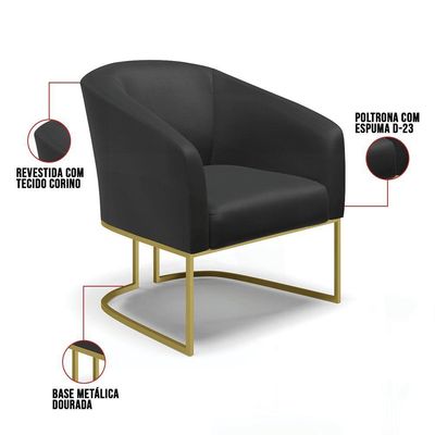 Poltrona Corino Base Industrial Dourada Cor Preto