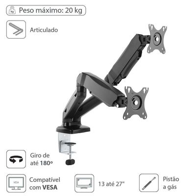 Suporte A Gás Para 2 Monitores 13"" A 27"" Vesa 100X100 Sm-3