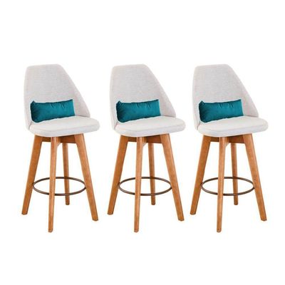 Kit 03 Banquetas Linho Bege E Almofada Azul Turquesa