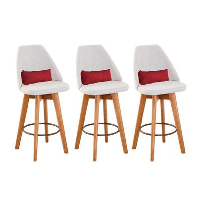 Kit 03 Banquetas Linho Bege E Almofada Suede Vermelho