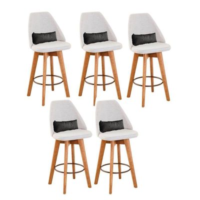 Kit 05 Banquetas Com Encosto Linho Bege E Almofada Cinza