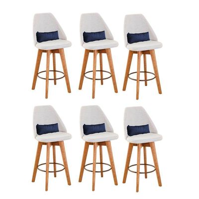 Kit 06 Banquetas Linho Bege E Almofada Suede Azul Marinho
