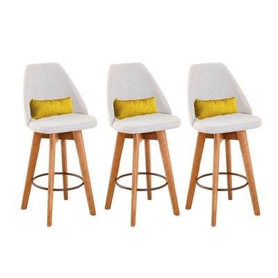Kit 03 Banquetas Linho Bege E Almofada Suede Amarelo