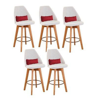 Kit 05 Banquetas Bege Claro E Almofada Corino Vermelho