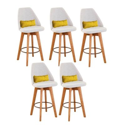 Kit 05 Banquetas Linho Bege E Almofada Amarelo