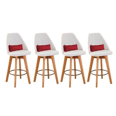 Kit 04 Banquetas Linho Bege E Almofada Sintético Vermelho
