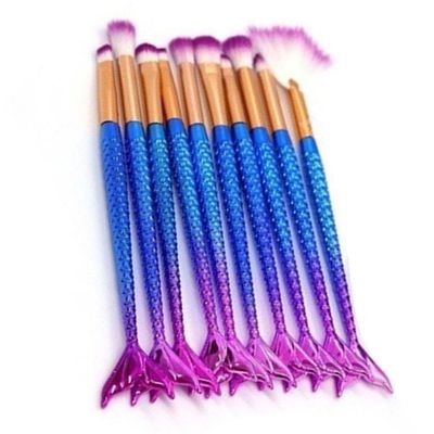 Pincel Sereia Kit 10 Peças Maquiagem Portatil Mermaid