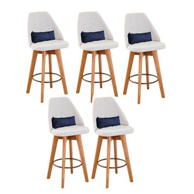 Kit 05 Banquetas Linho Bege E Almofada Suede Azul Marinho