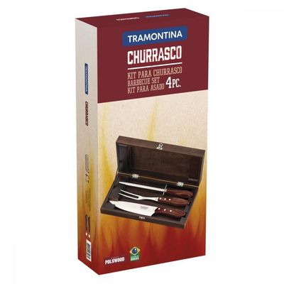 Kit P/ Churrasco Tramontina Em Inox Cabo Castanho Estojo Em