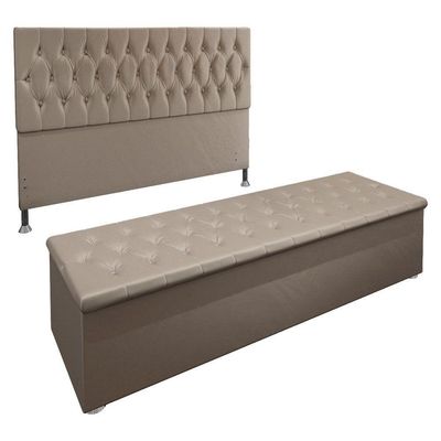 Kit Cabeceira e Calçadeira Baú Queen 1,60m Suede Bege