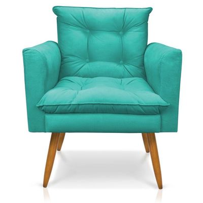 Poltrona Olivia Suede Azul Turquesa Pés Palito Castanho - Pallazio