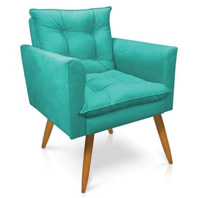Poltrona Olivia Suede Azul Turquesa Pés Palito Castanho - Pallazio