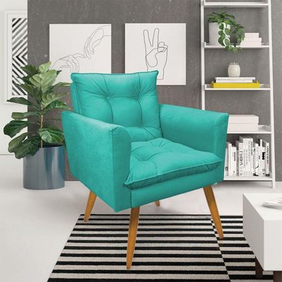 Poltrona Olivia Suede Azul Turquesa Pés Palito Castanho - Pallazio