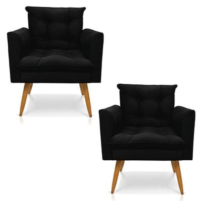 Kit 2 Poltronas Olivia Suede Preto Pés Palito Castanho - Pallazio