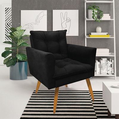 Kit 2 Poltronas Olivia Suede Preto Pés Palito Castanho - Pallazio