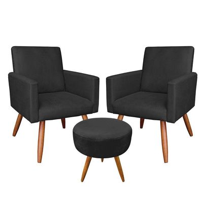 Kit 2 Poltronas E Puff Redonda Preto e Castanho